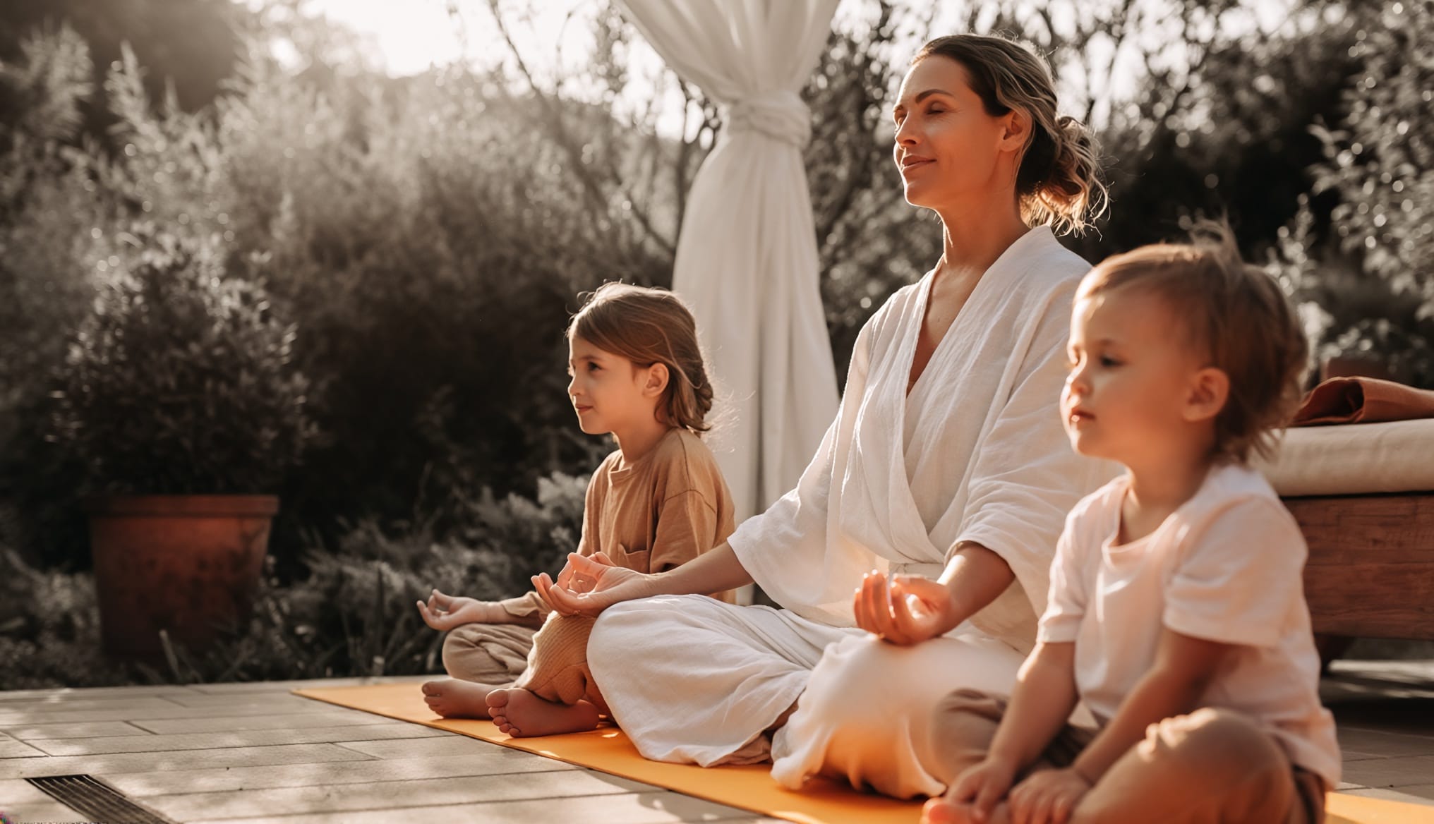 Mother and children meditating peacefully together outdoors