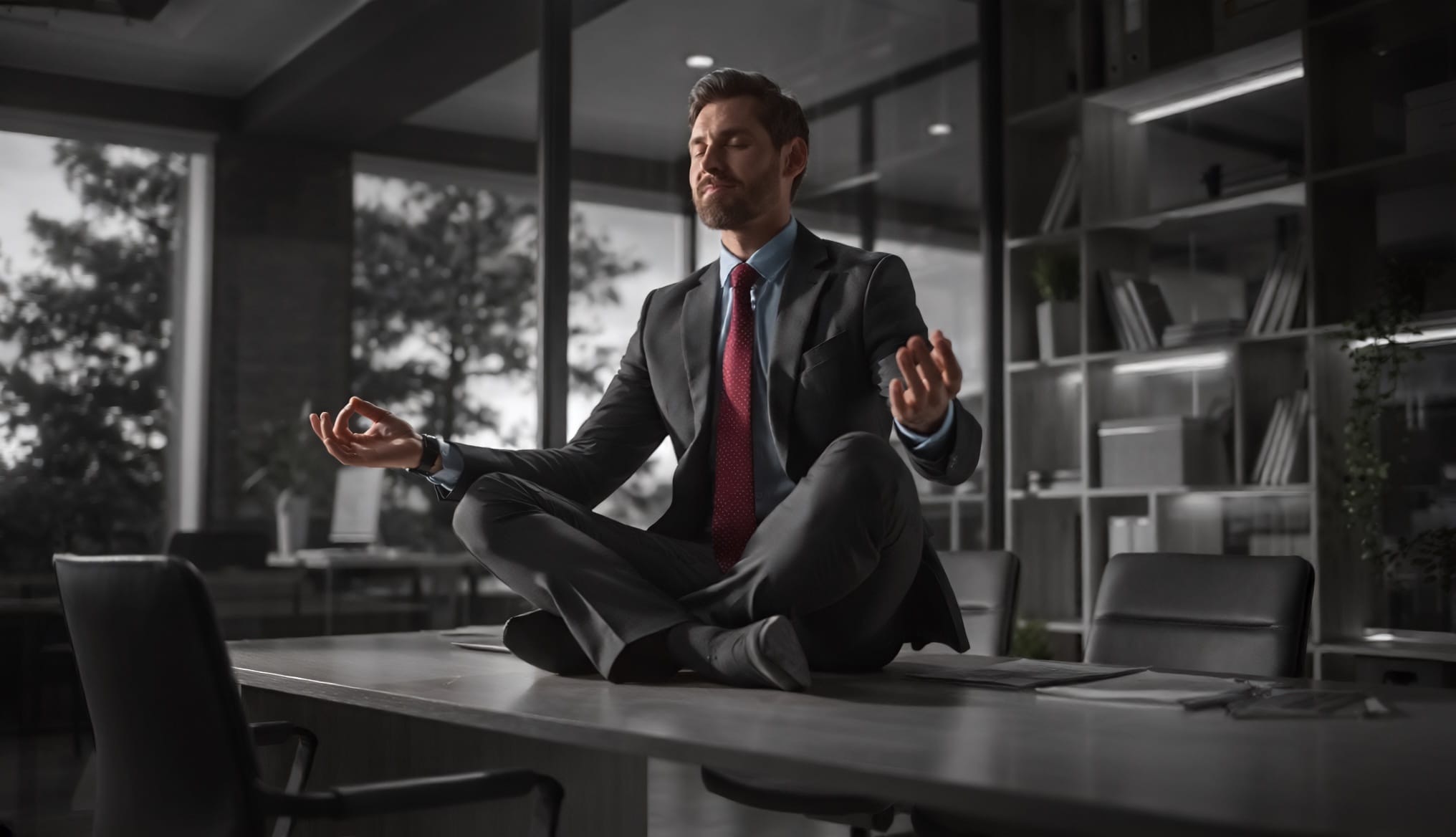 Businessman meditating peacefully on office desk